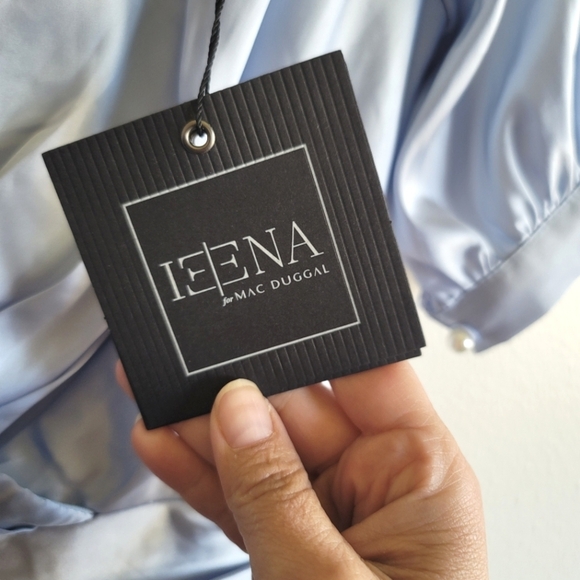 Ieena for Mac Duggal, Short Puff Sleeve Faux Wrap Mini Dress,Powder Blue, Size 4 - Picture 9 of 12